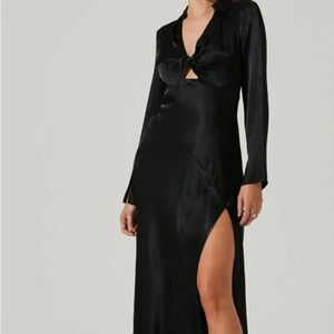 ASTR The Label Wanda Satin Cut Out Midi Dress Black Long Sleeve Slit Size M NWT